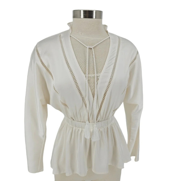 Express Peplum Blouse Satin Ivory Dolman Sleeve Tassel V Neck Top Shirt - Picture 1 of 8